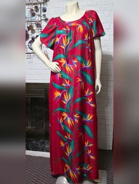 HILO HATTIE | Vibrant Red Tropical Maxi Dress with Green & Yellow Motif